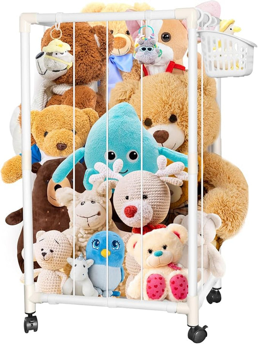 Stuffed Animal Storage Zoo Stuffed Animal Holder Space Save Vertical Stuffed Animals Storage PVC with Elastic Band and Net for Playroom Birthday Gift (Small-White)