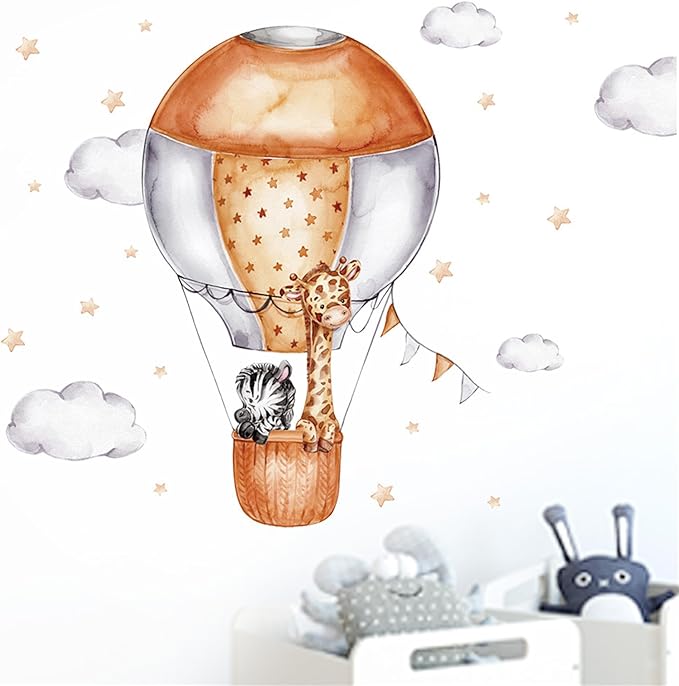 Waterproof Removable Vinyl PVC Hot Air Balloon Zebra Giraffe Safari Animal Wall Decal Wall Sticker Decor Wallpaper Peel Art for Nursery Kidsroom School Classroom Livingroom Bedroom Bathroom