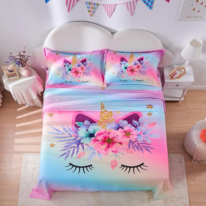 VIVILINEN Queen Size Sheet Set 3 Piece Rainbow Unicorn Kids Queen Bed Sheet Set for Girls Deep Pocket Bedding Set Bed Fitted Sheet Set Include Flat Sheet, Deep Pocket Fitted Sheet and 2 Pillowcase