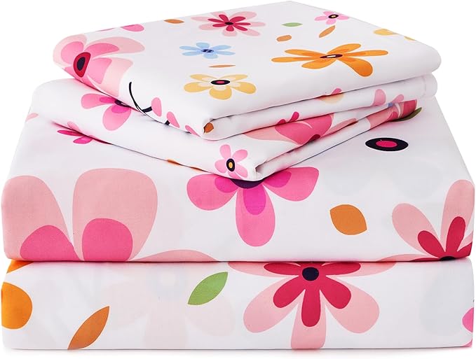 Full Size Bed Sheets Set White Colorful Floral Bed Sheets Girls Cute Microfiber Cooling Sheets 4pcs Kids Full Bed Set Wrinkle Free, 15 inch Deep Pocket Fitted Sheet, Flat Sheet, Pillowcases