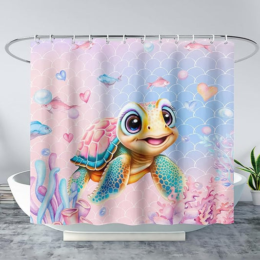 AILONEN Kawaii Sea Turtle Shower Curtain,Tie Die Turtle Bath Curtain Cloth Fabric Bathroom 72" W*72" H Inch,12 Pack Hooks for Kids Child,Watercolor Scale Bathroom Curtain