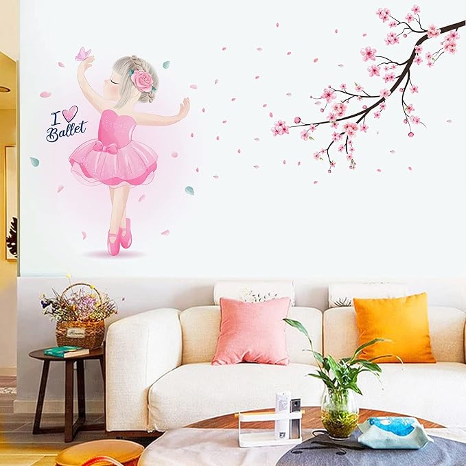 Pink Cherry Blossom Wall Decals, Dancing Ballet Girl Wall Stickers, Flower and Tree Branch Wall Decor, Removable Vinyl Wall Decor Mural Art for Baby Nursery Bedroom & Living Room Sofa TV Backdrop Decoration