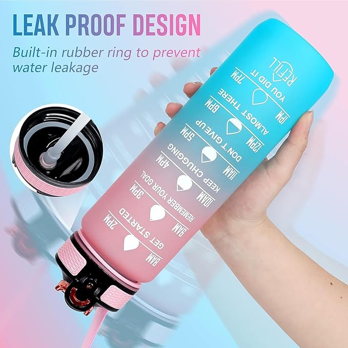 Husky Dog 32 oz Water Bottle with Times Marker to Drink and Straw, Carrying Strap, Leakproof Tritan BPA-Free, Ensure You Drink Enough Water for Fitness, Gym, Camping, Outdoor Sports