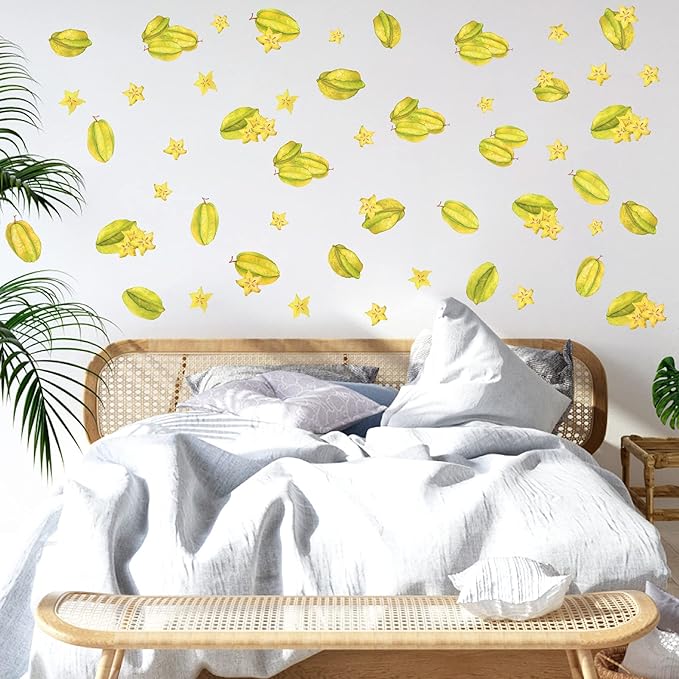 Star Fruit Wall Decals Peel and Stick Summer Fruit Wall Stickers Removable Kitchen Wall Stickers Cabinet Decals Watercolor Fruit Wall Decals for Nursery Bedroom Playroom Decor