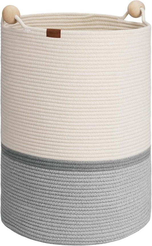 StorageWorks 72L Cotton Rope Laundry Basket with Wooden Beads Handles, Woven Basket for Storage, Dirty Clothes, Kids Toys, Towels, White & Grey