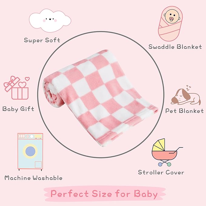 Checkered Baby Blanket for Girls Pink Fleece Baby Blankets for Girls Boys, Warmer Comfort Lightweight Bed Blanket for Toddlers Infants or Newborn, 30''x40'', Pink