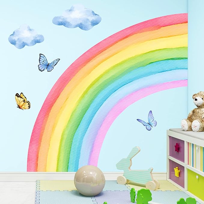 Removable 3D Large Colorful Boho Half Rainbow Wall Sticker Peel and Stick Self-Adhesive Colorful Pastel Rainbow with Cloud and Butterfly Wall Decals Wallpaper for Kids Girls Bedroom Nursery