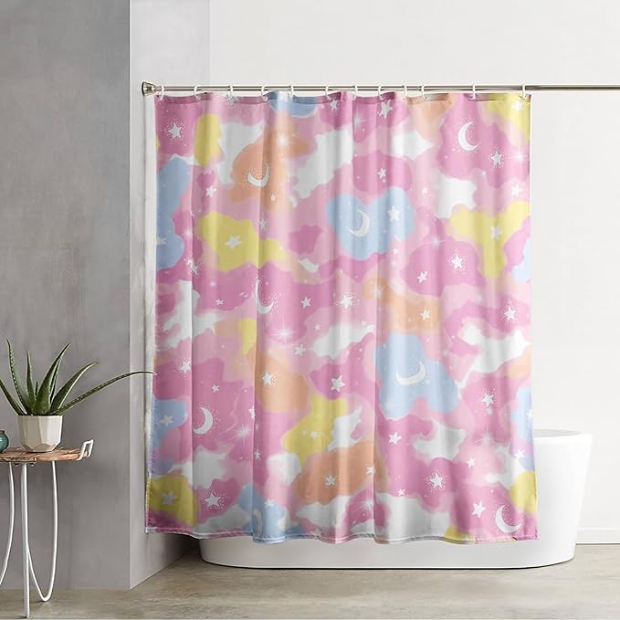 AILONEN Pink Galaxy Shower Curtain,Star and Moon Theme Bathroom Shower Curtain for Girls Kids Teens, 48" W*72" H Colorful Starry Sky Shower Curtain for Bathroom