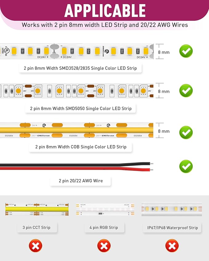 EMITEVER 8-in-1 LED Strip Connectors 12pcs, 2 Pin 8mm COB Tape Lights Terminal Connectors 8 Types Solderless Transparent Connection for 5V 12V 24V(Straight, Corner, Strip to Strip, Strip to Wire)