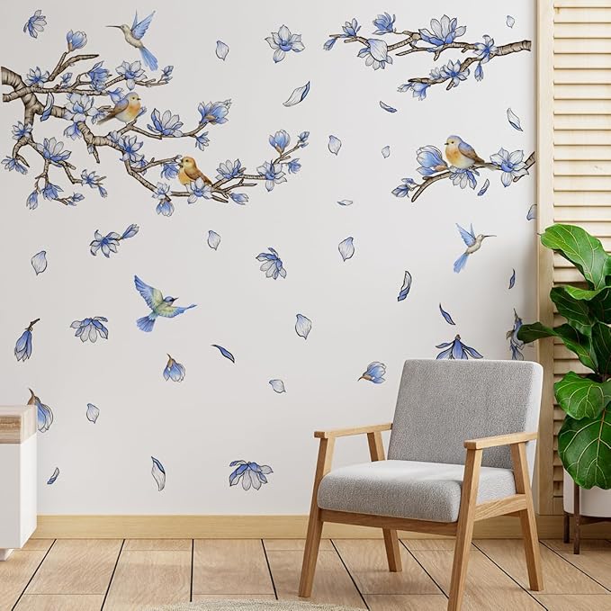 Blue Flowers Birds Wall Decals Blue Floral Garden Flower Wall Stickers Fairy Decals PVC Removable Wall Art Decals for Girls Bedroom Nursery Decor