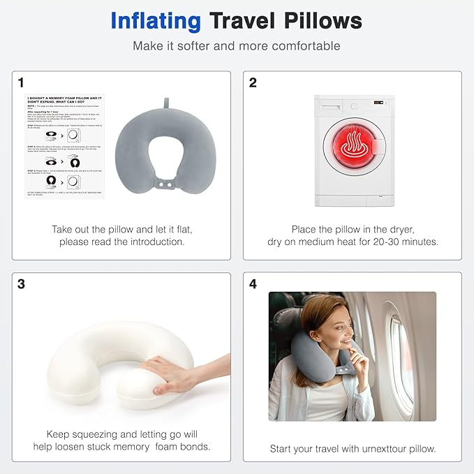 Travel Neck Pillow Airplane, Soft Memory Foam Support Head Neck Chin, with Removale Cover and Adjustable Snap Button, Comfortable Sleeping in Plane Car Train Traveling Office, Light Grey