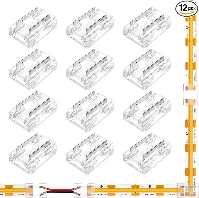 EMITEVER 8-in-1 LED Strip Connectors 12pcs, 2 Pin 8mm COB Tape Lights Terminal Connectors 8 Types Solderless Transparent Connection for 5V 12V 24V(Straight, Corner, Strip to Strip, Strip to Wire)