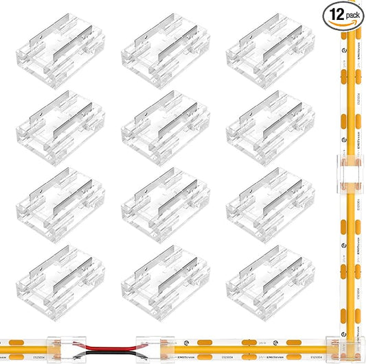 EMITEVER 8-in-1 LED Strip Connectors 12pcs, 2 Pin 8mm COB Tape Lights Terminal Connectors 8 Types Solderless Transparent Connection for 5V 12V 24V(Straight, Corner, Strip to Strip, Strip to Wire)