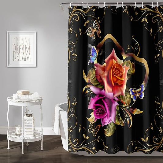 AILONEN Girls Rose Floral Shower Curtain 48" W*72" H for Bathroom, Gold Yellow Flower Butterfly Bathroom Curtain,Women Teen Girls Flower Bath Curtain Polyester Waterproof Bath Curtain with 12 Hooks