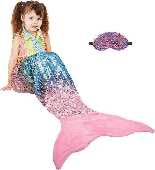 Catalonia Kids Mermaid Tail with Sleep Mask, Super Soft Flannel Sleeping Snuggle Blanket for Girls, Fish Scale Pattern, Birthday Gift for Daughter