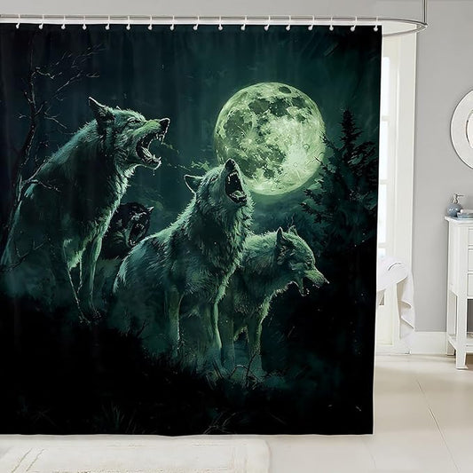 Feelyou Wolf Bath Curtain Wolves Howling Shower Curtain for Boys Girls Green woles Bathroom Shower Curtain Set Animal Wolves Kids Bathroom Accessories 72"x78"