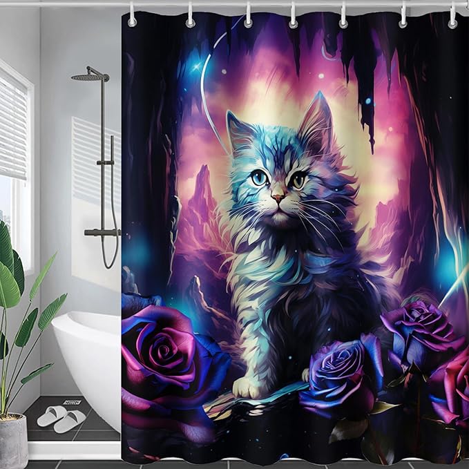 AILONEN Cool Cat Shower Curtains,Purple Rose Cat Bath Curtains for Bathroom Decor,Cave Cat Curtains for Kids,72" W*84" H Polyester Waterproof with 12 Plastic Hooks
