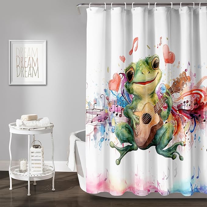 AILONEN Cartoon Frog Shower Curtain,Green Guitar Frog Bathroom Curtain for Kids Boys Girls,Kawaii Forg Animal Shower Curtains for Bathroom,Tie-Dye Theme Bathroom Curtain,72" W*72" H