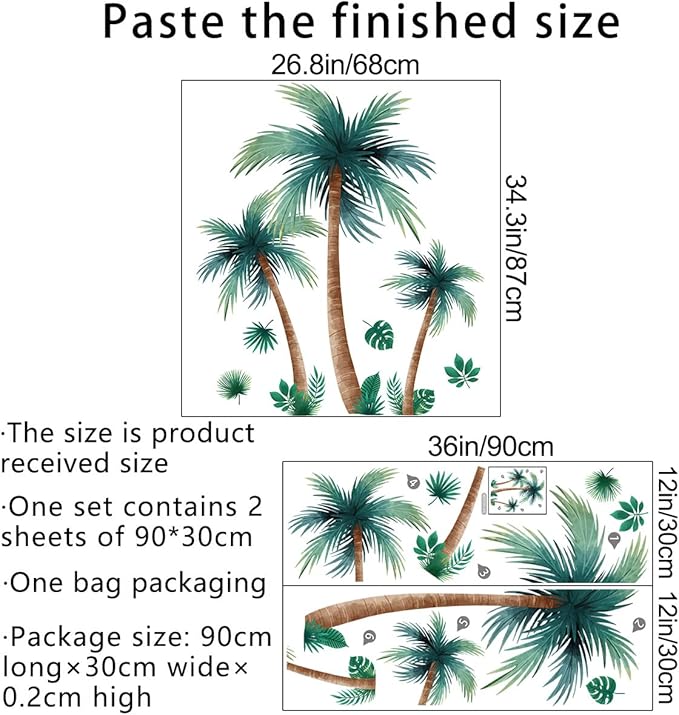 Amaonm 3D Removable Tropical Rainforest Wall Sticker Brown Tree Green Leaves Wall Decal DIY Peel and Stick Coconut Tree Wall Decor for Kids Girls Boys Bedroom Living Room Nursery Classroom Playroom Wall Background Decoration