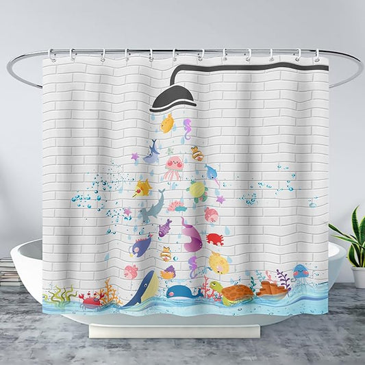 AILONEN Cute Fish Shower Curtain for Kids 48" W*72" H Inch,Raining Marine Animal Playing Water Shower Curtains,12 Pack Hooks Polyester Waterproof Fabric Decor for Bathroom Bathtub Panels