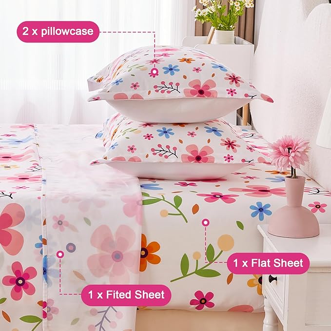 Queen Sheet Set White Colorful Floral Bed Sheets Set Cute Soft Microfiber Cooling Sheets 4 Pieces Queen Size Bed Set Wrinkle Free, 15 inch Deep Pocket Fitted Sheet, Flat Sheet, Pillowcases