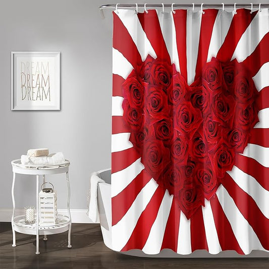 AILONEN Red Rose Hearts Print Shower Curtain for Bathroom, Romantic Flower Red and White Stripe Bathroom Decor 72" W*84" H Bath Curtain Polyester Waterproof Shower Curtain with 12 Hooks