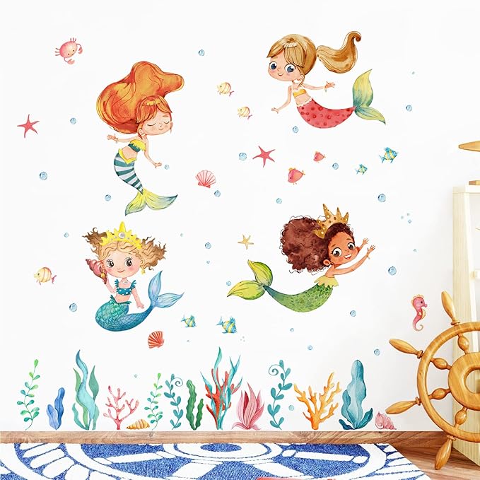 Mfault Multicultural Mermaid Under The Sea Wall Decal Stickers, Ocean Creature Marine Life Seaweed Nursery Decoration Baby Girl Bedroom Playroom Art, Coastal Beach Toddler Kid Room Bathroom Decor
