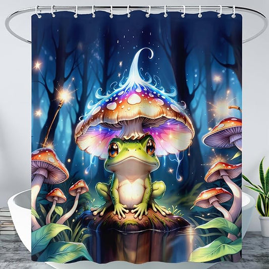 AILONEN Cartoon Frog Shower Curtain,Magic Mushroom Waterproof Fabric Bath Curtain for Kids Girls,Boho Style Tropical Amphibian Shower Curtain Set for Bathroom, 60" W*72" H