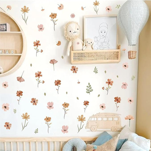 Small Flowers Wall Sticker Boho Floral Leaf Wall Decal Watercolor Botanical Leaves Wall Decals Plants Flowers Wall Stickers Removable Retro Floral Wall Decals for Nursery Bedroom Decor
