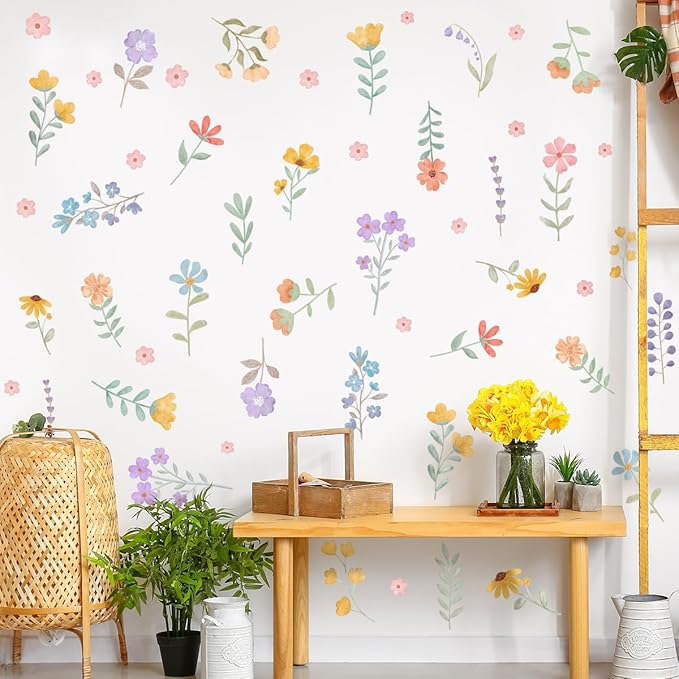 Boho Flower Wall Decals,Watercolor Flower Wall Art,Wildflower Wall Decals,Girls Bedroom Removable Wall Decals,Nursery Kids Room Decor Vinyl Murals DIY Cute Decorations (Wildflower Wall Stickers)