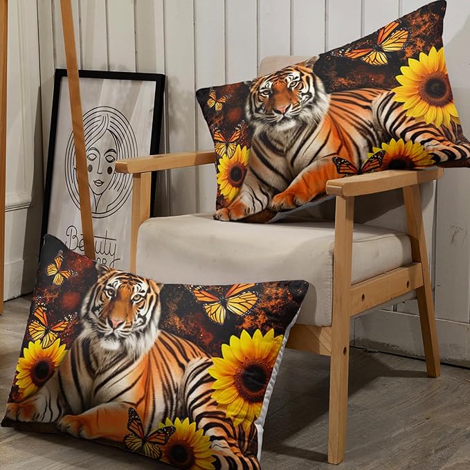 AILONEN Tiger Fitted Sheet Set Queen Size, Vintage Retro Boho Bed Sheet Set Sunflower Butterfly Sheet Set,3 Pieces Printed Teen Boys Tiger Fitted Sheet with 2 Pillowcases