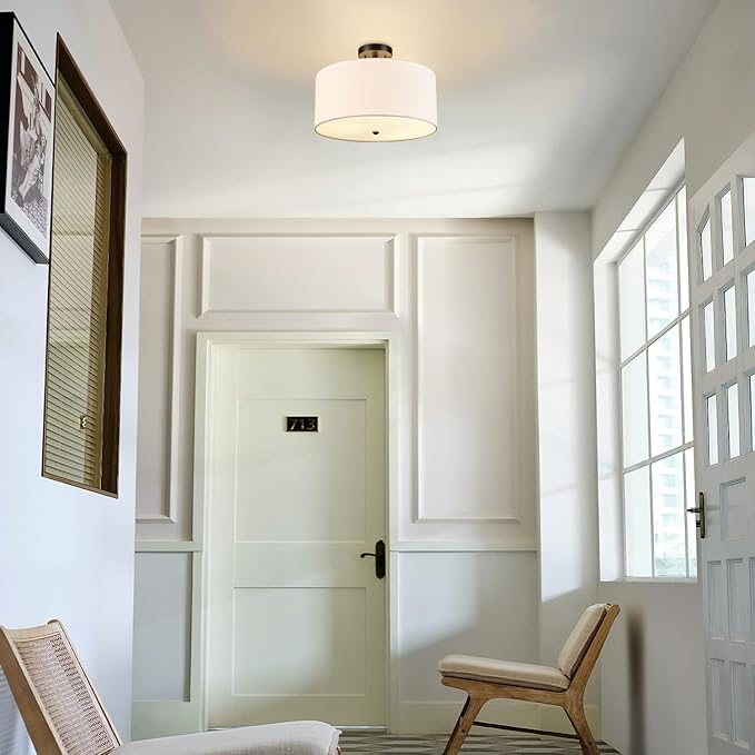 Globe Electric 61272 Maria 1-Light Flush Mount Ceiling Light, Dark Bronze, White Fabric Shade,Brown, Bulb Not Included