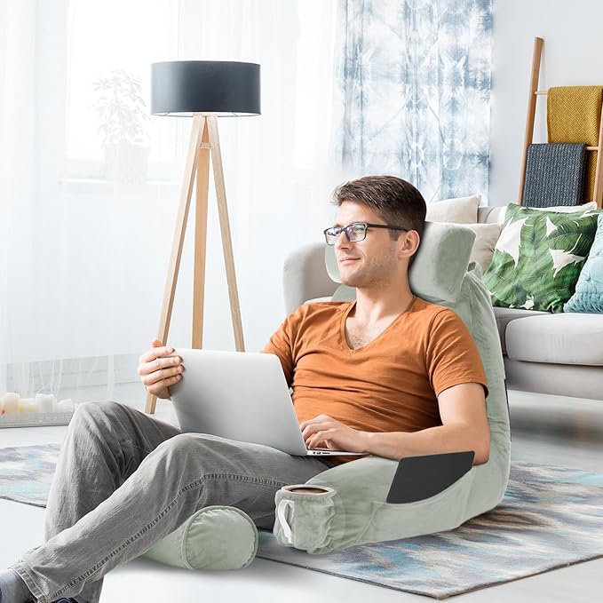 Nestl Reading Pillow Large Bed Pillow, Back Pillow for Sitting in Bed Shredded Memory Foam Chair Pillow, Reading & Bed Rest Pillows Sage Green Back Pillow for Bed, Bed Chair Arm Pillow with Pockets