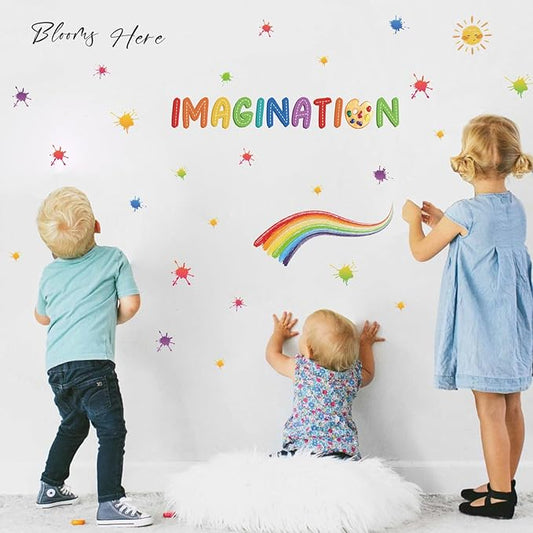 LHIUEM Colorful Imagination Kids Wall Stickers Blooms Here 46 PCS Splatter Splotches Wall Decals for Classroom Rainbow Contact Paper Watercolor Sun Star Wallpaper for Boys Girls Playroom Bedroom Nursery