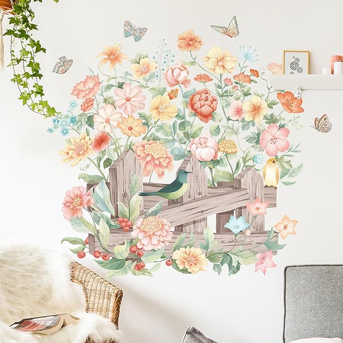 Watercolor Flowers Wall Decals Removable Spring Floral Butterfly Bird Wall Stickers Girls Bedroom Living Room Nursery Wall Decor
