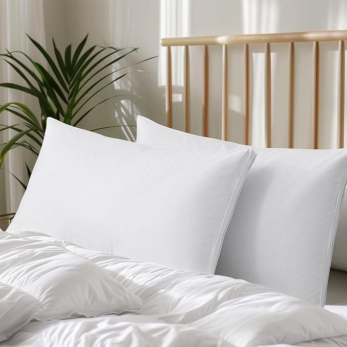 Feather Pillows Standard Size Set of 2,100% Cotton Shell Goose Down Pillow,Feather Down Bed Pillow, White Hotel Pillow (Standard)