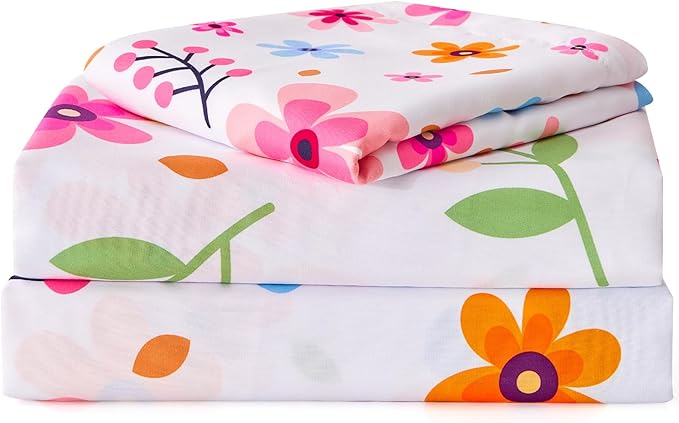 Twin Sheets Set Colorful Floral Bed Sheets Set Girls Cute Soft Microfiber Cooling Sheets 3 Pieces Kids Twin Size Bed Set Wrinkle Free, 15 inch Deep Pocket Fitted Sheet, Flat Sheet, Pillowcase