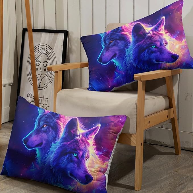 AILONEN Wolf Fitted Sheet Set Twin Size for Boys,Purple Galaxy Wolf Bed Sheet Set for Kids Teen, 3 Pieces Safari Wolf Sheet Set,Starry Wolves Fitted Sheet with 2 Pillowcases