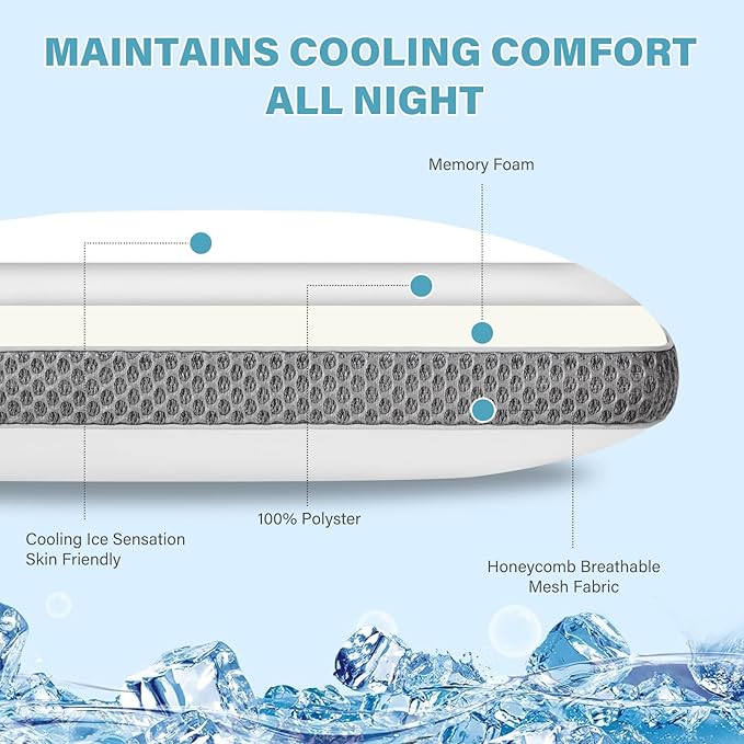 Cooling Bed Pillows for Sleeping, Memory Foam Bed Pillows Queen Size, Gel Pillow for Sleepers Cool Pillow for Side Back and Stomach Sleepers, Cold Pillow, Supportive