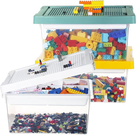 loobuu Plastic Storage Bins with Lids - 3 Set Stackable Arts Crafts Organizer Box with Removable Divided Tray & Compatible Building Baseplate, Toy Chest Containers for Bricks (14.37"x9.64"x6.69")