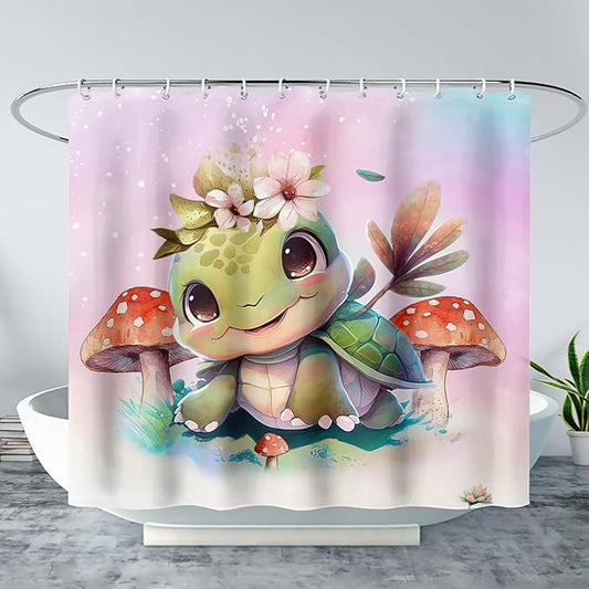 AILONEN Kawaii Sea Turtle Shower Curtain,Tie Die Ocean Animal Themed Bath Curtain Cloth Fabric Bathroom 36" W*72" H Inch,12 Pack Hooks for Kids,Sea Animal with Mushroom Bathroom Curtain