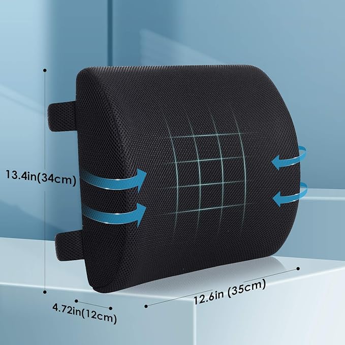 CompuClever Lumbar Support Pillow for Office Chair/Car, Memory Foam Back Cushion Pain Relief and Improve Posture, Lower Back Pillow for Gaming and Desk Chair, Couch, Adjustable Straps