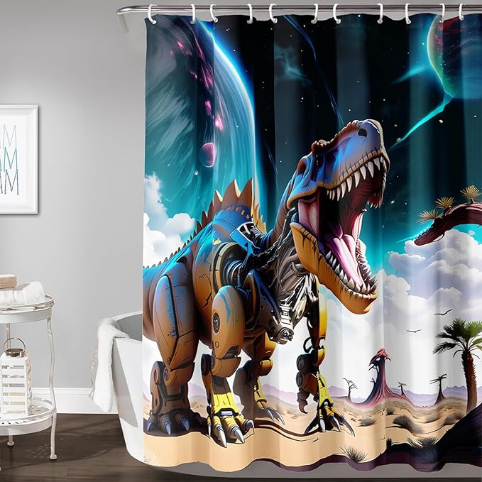 AILONEN Dinosaur Shower Curtain for Kids Boys Teens.Sky Blue Planet Dinosaur Bath Curtain for Bathroom,Machine Dinosaur Curtain Modern Polyester with 12 Plastic Hooks 48" W*72" H