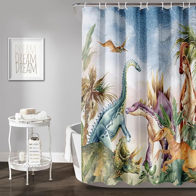 AILONEN Dinosaur Shower Curtain 72" W*72" H for Bathroom,3D Tropical Dinosaur Bathroom Shower,Cartoon Dinosaur Boys Bath Curtain Polyester Waterproof Shower Curtain with 12 Hooks
