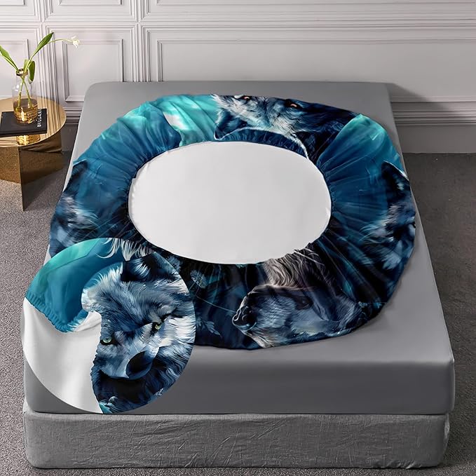 AILONEN Boys Wolf Fitted Sheet Set Twin Size, 3 Pieces Wildlife Bed Sheet Set,Evening Moon Wolf Sheet Set for Boys Teen Men,Wolves Print Fitted Sheet with 2 Pillowcases