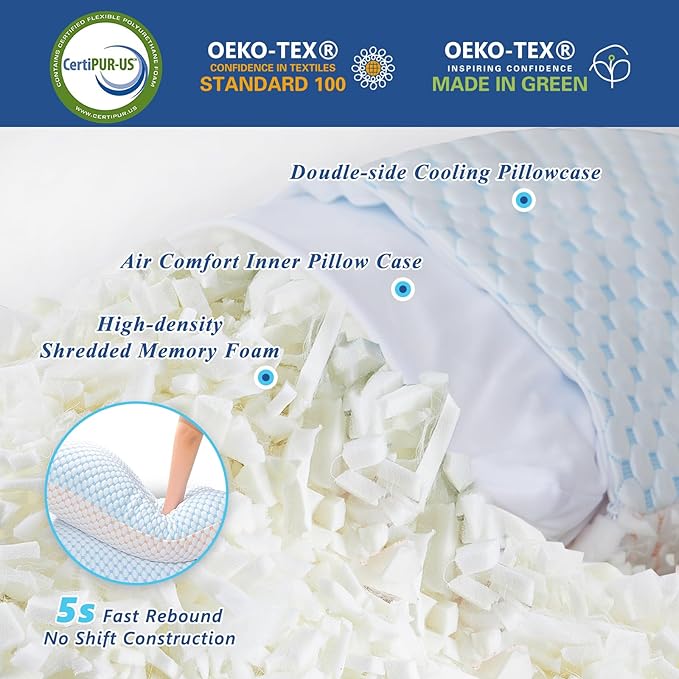 Cooling Pillows Standard Size Set of 2, Shredded Memory Foam Pillow Adjustable Bed Pillows Firm Pillow with Removable Washable Cover and Extra Filling Pack