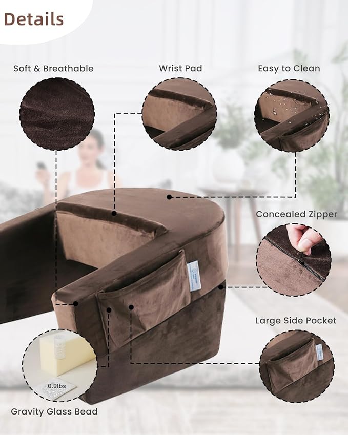 Weighted Idea Reading Pillow for Gaming, Extra Large Arm Rest Pillow for Adult,Lap Desk Pillow Gaming Pillow with 2 Side Pockets for Gaming, Reading, Working Sitting in Bed Floor Sofa (Brown)