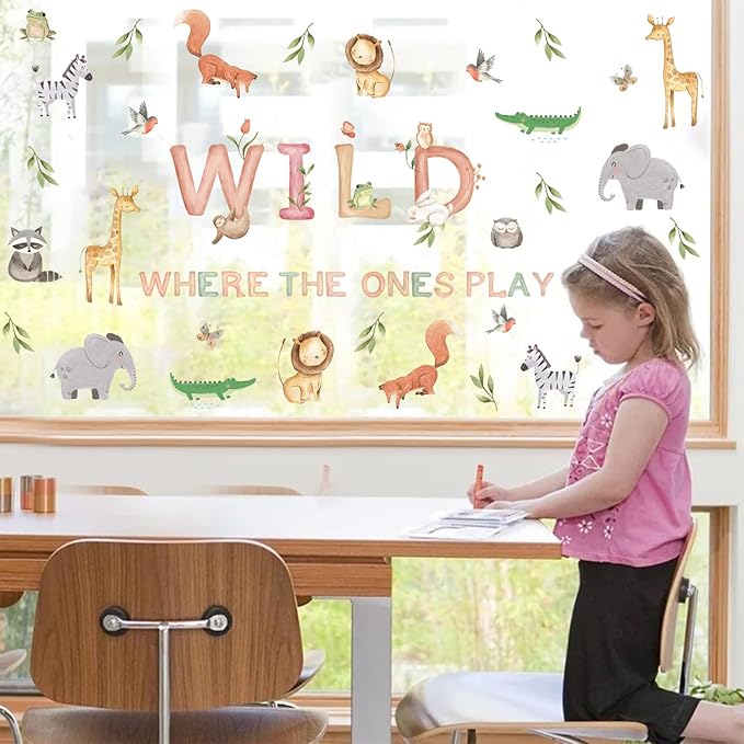 Safari Wall Decals for Kids Where The Wild Ones Play Peel and Stick Wallpaper 38pcs Giraffe Decor Zoo Animal Stickers Jungle Classroom Decal Fauna Forest Wall Murals for Classroom Playroom Nursery