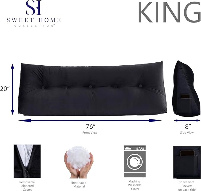 Wedge Pillow Headboard - Bed Wedge Pillow for Headboard - Large & Versatile Triangle Cushion Reading Support Pillow, King - 76", Black