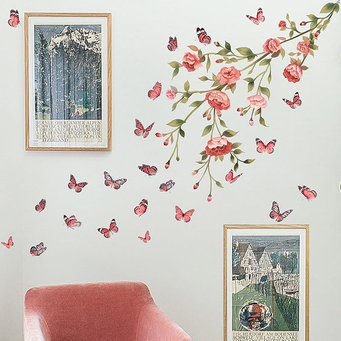 Pink Flowers Wall Decals Removable Butterflies Floral Flowerl Wall Stickers DIY Vinyl Self Adhesive Wall Mural for Nursery TV Background Kids Gilrs Rooms Bedroom Decoration